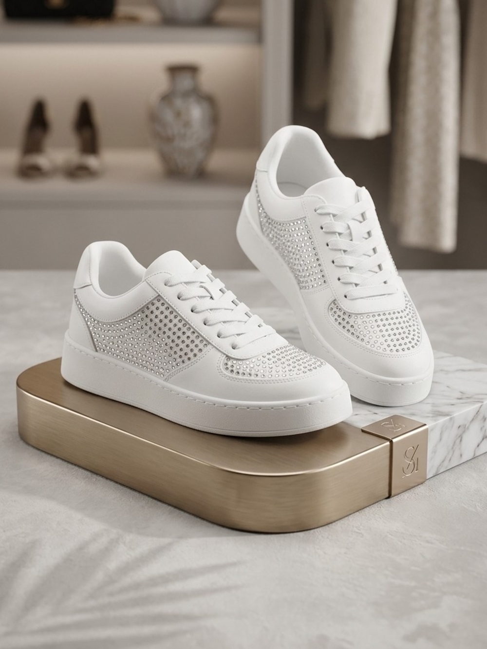 INC International Concepts White Rhinestone Low-Top Sneakers (Floor Sample)